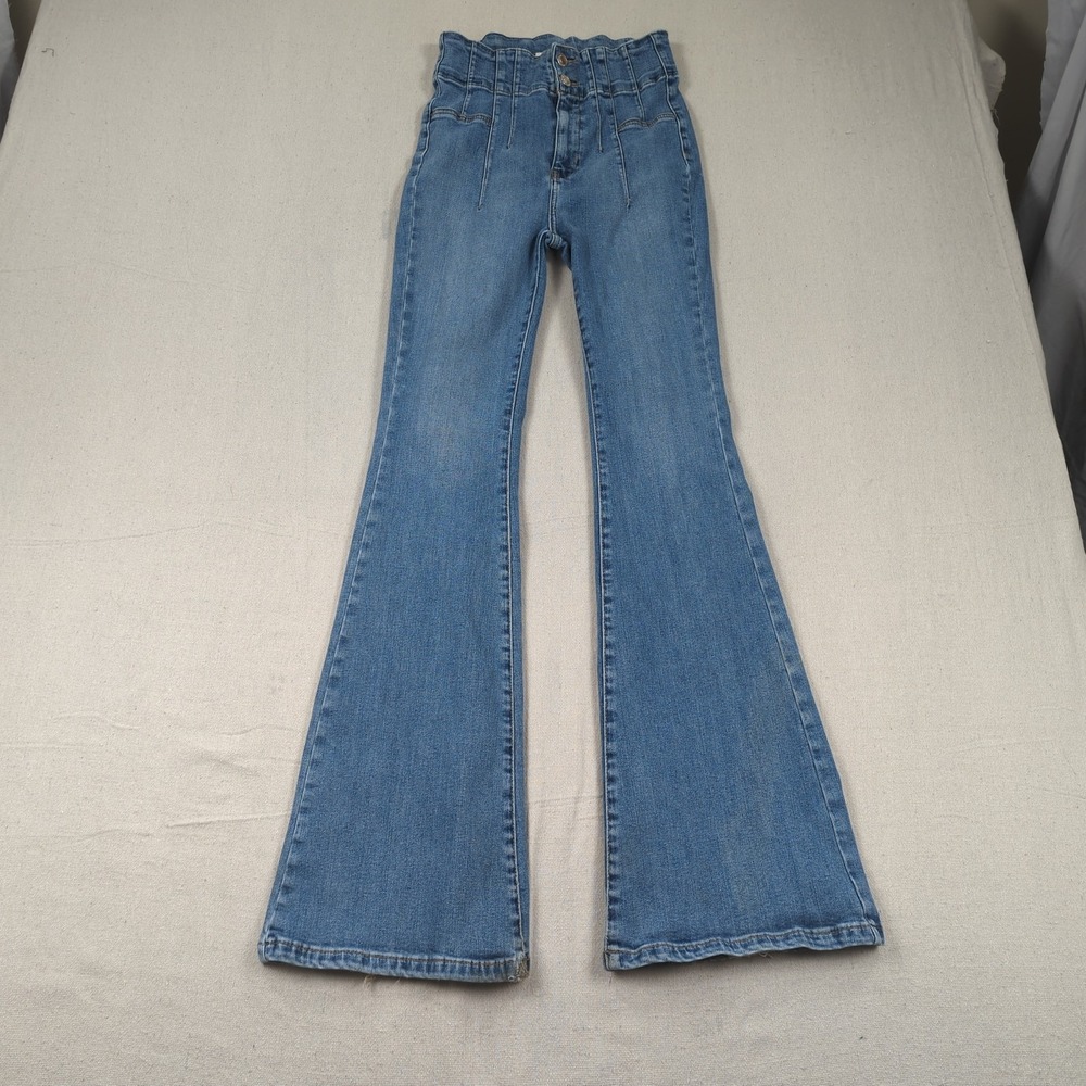 Free People Jeans Womens 27 Blue High Rise Flare Button Fly Stretch Hippie Boho